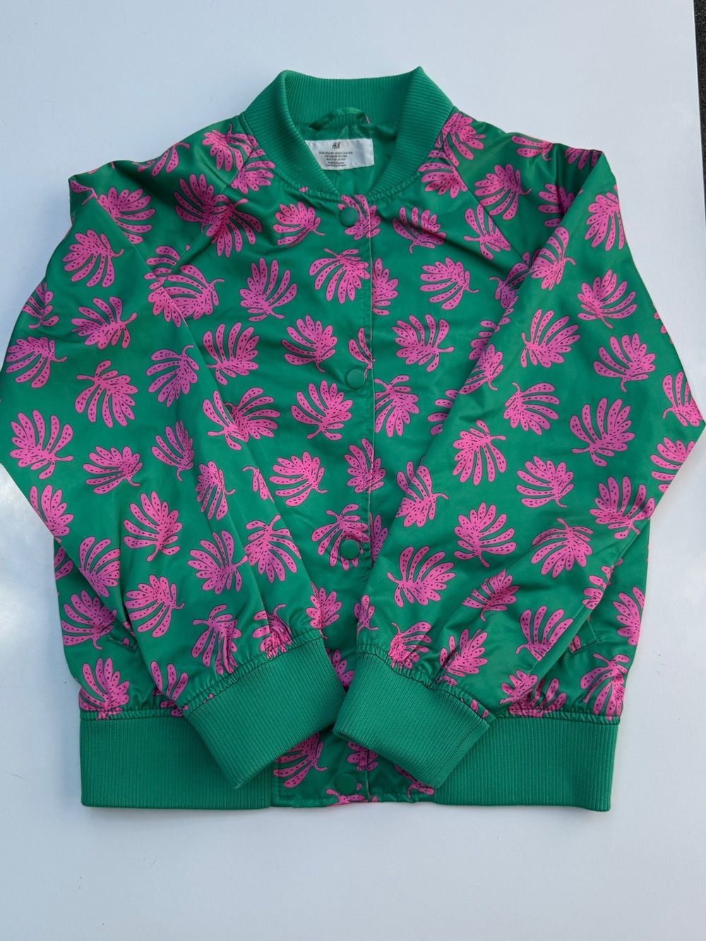 H&M Green Bomber Jacket with Pink Leaf Print
